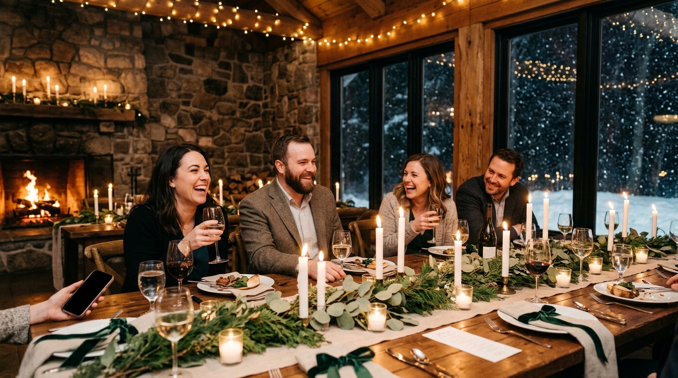 Adult wedding guests laugh around a candlelit indoor reception table beside tall windows with snow falling outside, evergreen and eucalyptus garland running down the linen.
